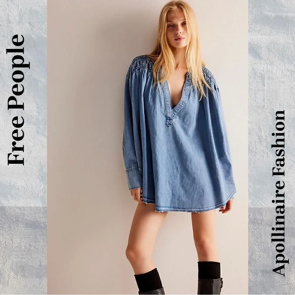 WE THE FREE ANOTHER LOVE TUNIC TOP IN BLUE DENIM SMALL NEW